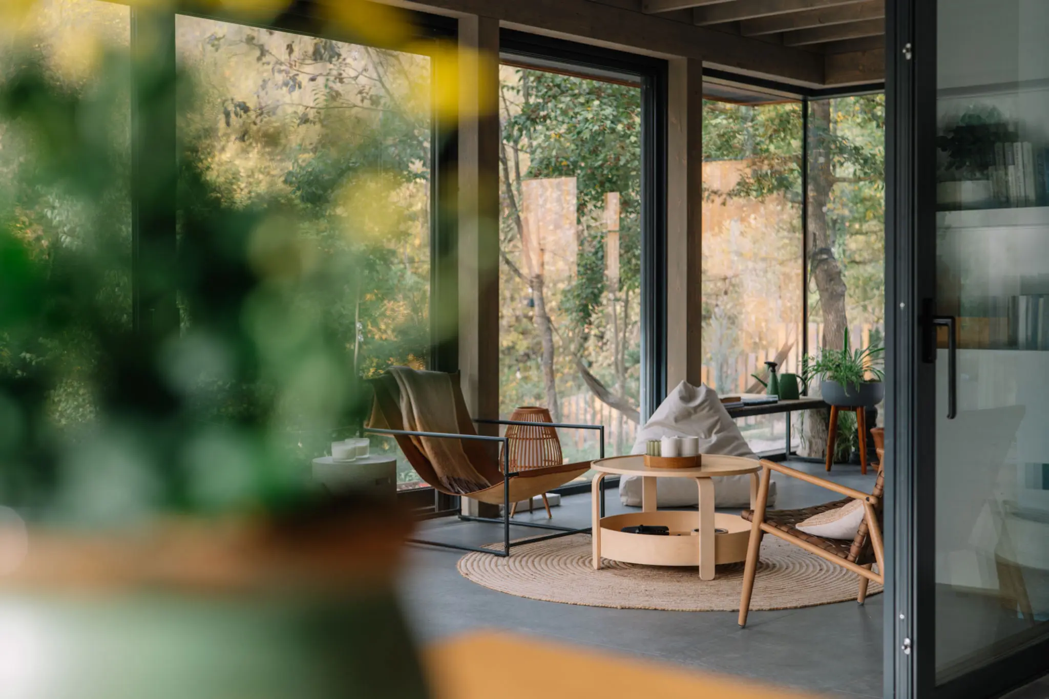 Cozy living room with large windows.