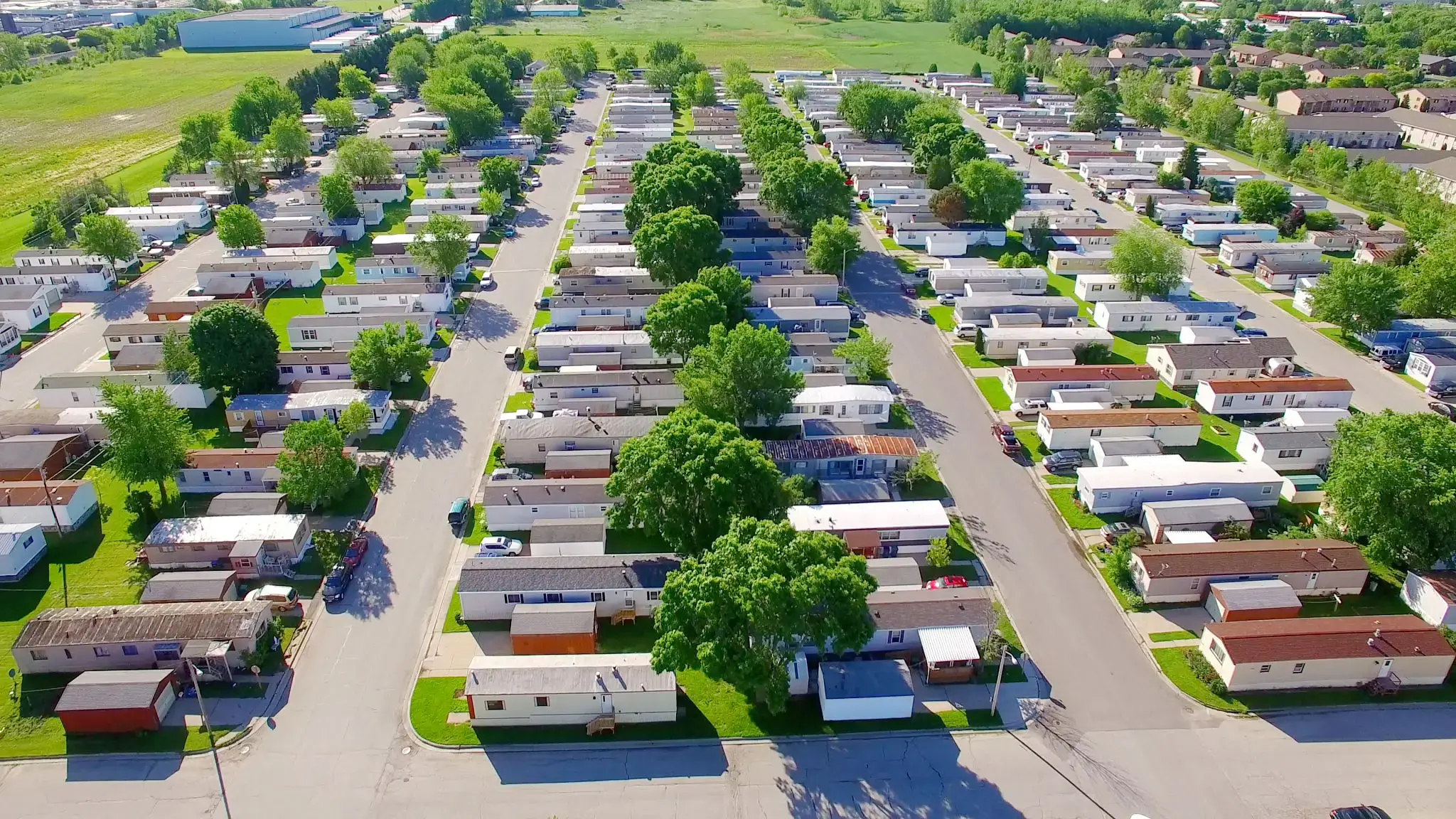 Aerial view of a mobile home park.